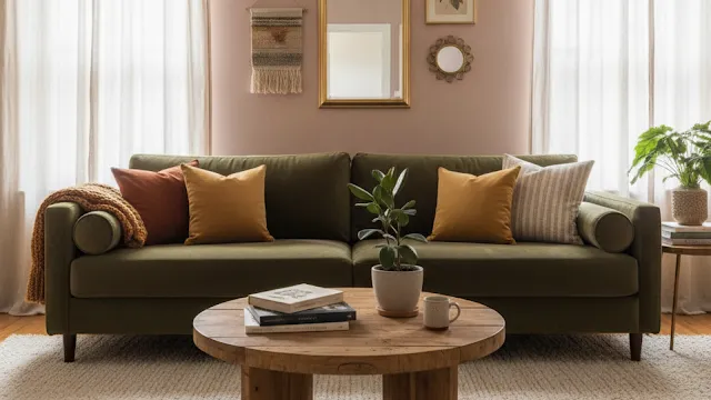 Cosy living room interior with warm earthy colour palette and textured decor
