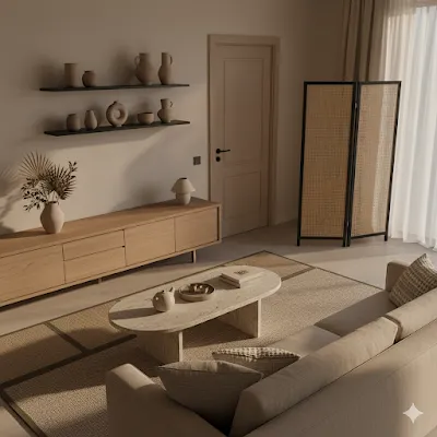Japandi living room mood board with organic shapes and warm neutral tones