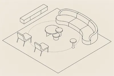 Evening modern living room with layered lighting, microcement wall, curved sofa, and jute-wool rug for quiet luxury in 2025.