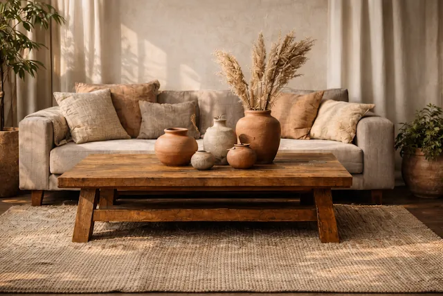 Modern living room with terracotta vases, clay wall art and natural wood furniture