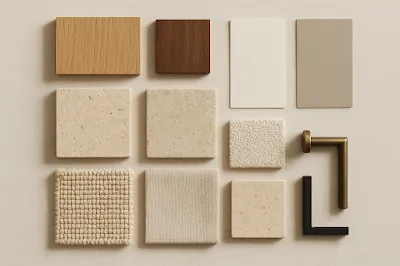 Editorial flat lay of 2025 living room finishes: oak, travertine, linen, bouclé, warm paints and soft metals.