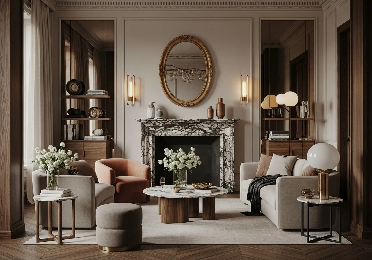 Decorative floor pouf and knitted basket in a cosy reading nook