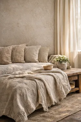 Draped linen fabric in warm neutral tones on a wooden surface