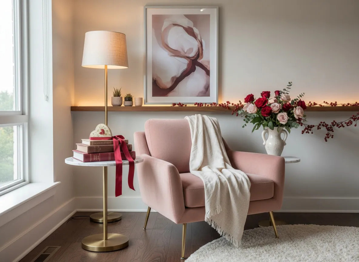 Styled vignette of romantic bedroom with soft lighting and layered textiles
