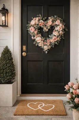 Valentine decorated front entrance with romantic wreath and pink accents