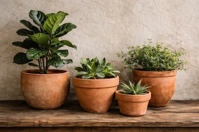 Collection of terracotta planters with green houseplants on a wooden shelf