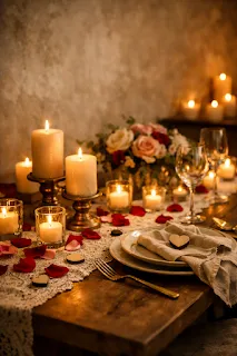 Romantic Valentine dinner table setting with candles, roses and linen runner