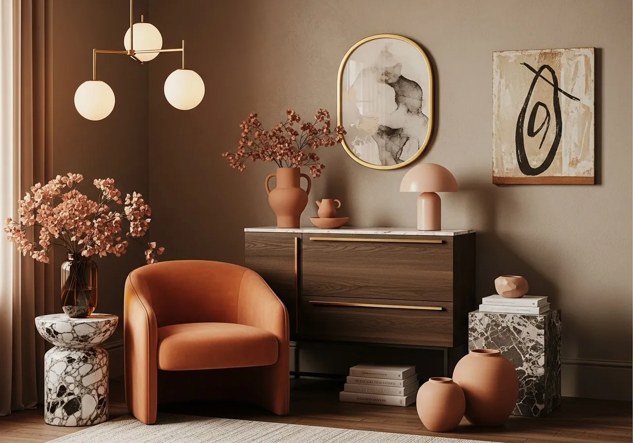 Styled vignette of natural materials in a modern living room setting