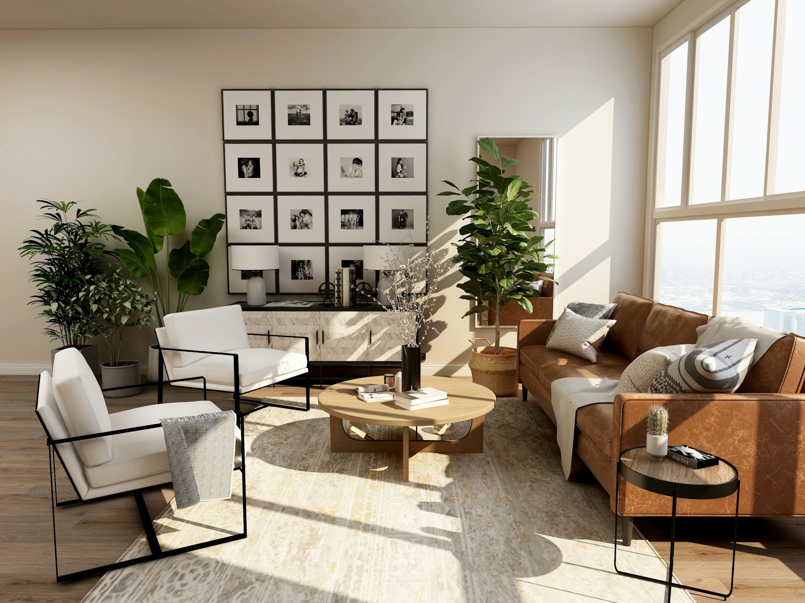 Elegant minimalist living room with warm neutral tones